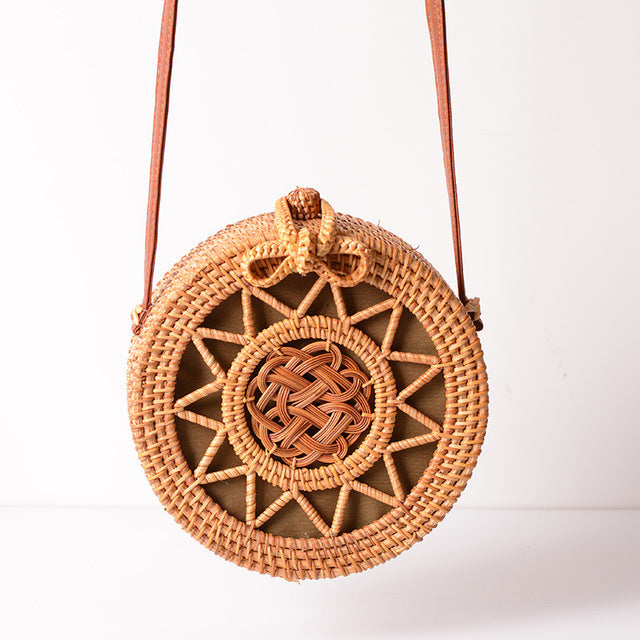 Woven Rattan Bag Round Straw Shoulder Bag Small Beach HandBags Women Summer Hollow Handmade Messenger Crossbody Bags