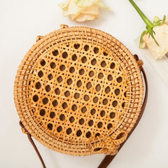 Woven Rattan Bag Round Straw Shoulder Bag Small Beach HandBags Women Summer Hollow Handmade Messenger Crossbody Bags