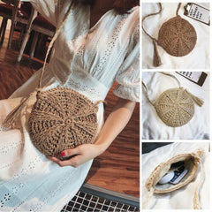 Women Cross Body Bag Round Circular Rattan Wicker Straw Woven Beach Basket Purse