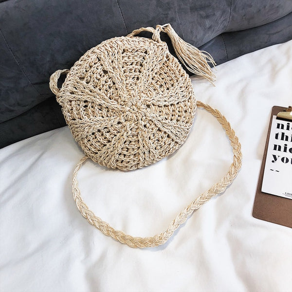 Women Cross Body Bag Round Circular Rattan Wicker Straw Woven Beach Basket Purse