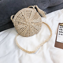 Women Cross Body Bag Round Circular Rattan Wicker Straw Woven Beach Basket Purse